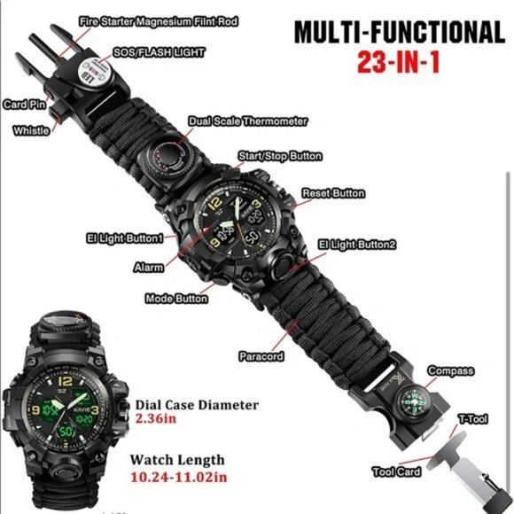 New BLACK 23-in-1 Survival Military Digital Watch,Mens Tactical Multi-Functional - Picture 5 of 8